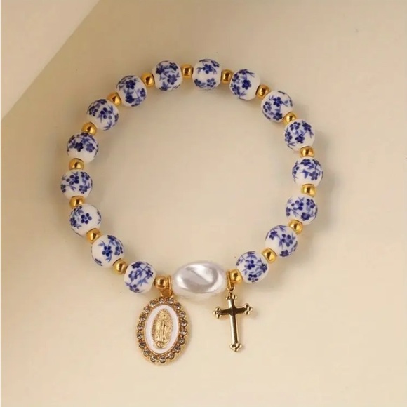 Chinese Blue White Porcelain Bead Bracelet Sacred Heart Pendant, Cross, jewelry - Picture 4 of 6